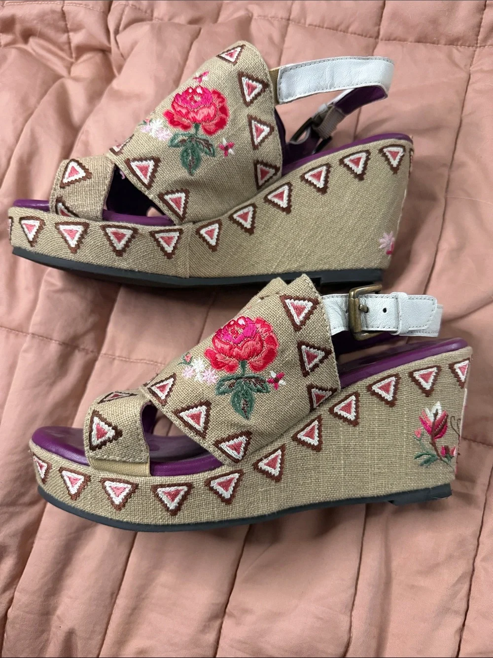 Sharif Beige Embroidered Floral Wedge Sandals with Pink and Purple Details